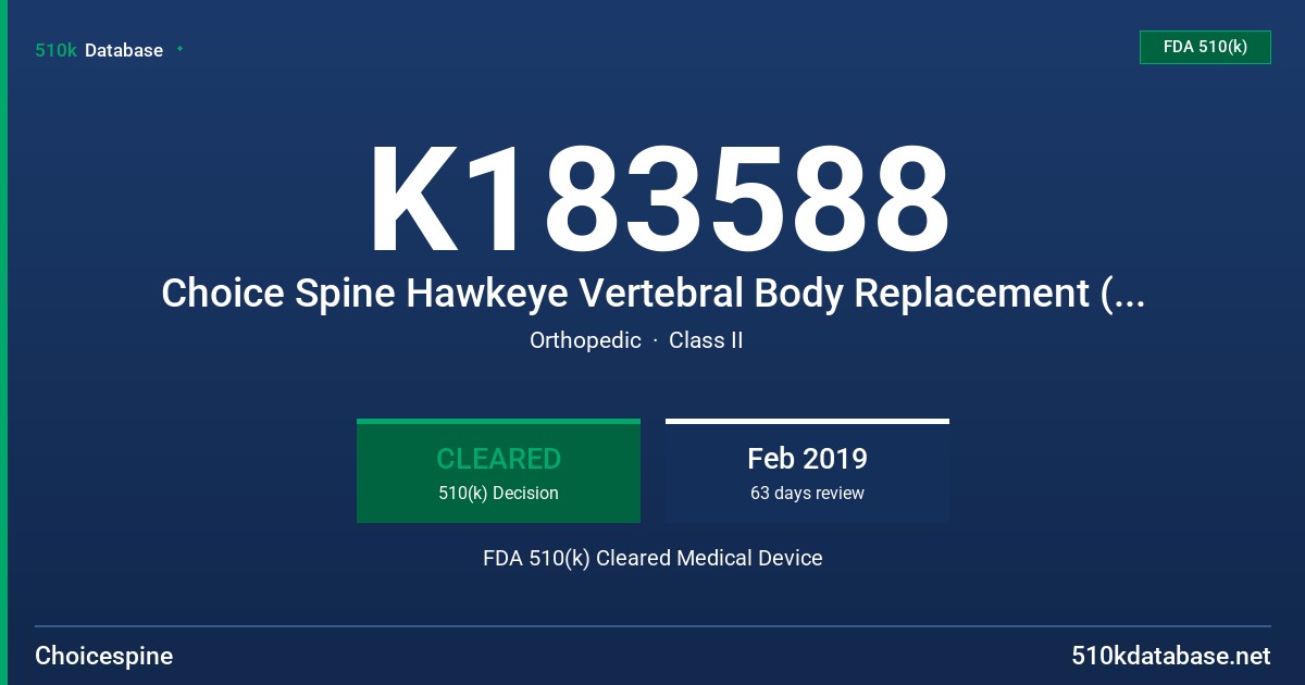 K183588 Choice Spine Hawkeye Vertebral Body Replacement (VBR) System FDA 510(k) Cleared Medical Device