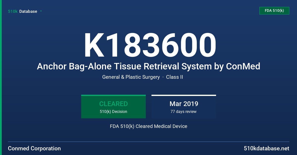 K183600 Anchor Bag-Alone Tissue Retrieval System by ConMed FDA 510(k) Cleared Medical Device