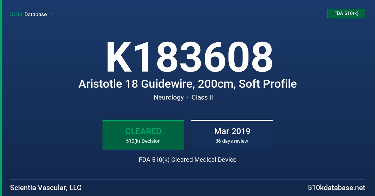 K183608 Aristotle 18 Guidewire, 200cm, Soft Profile FDA 510(k) Cleared Medical Device