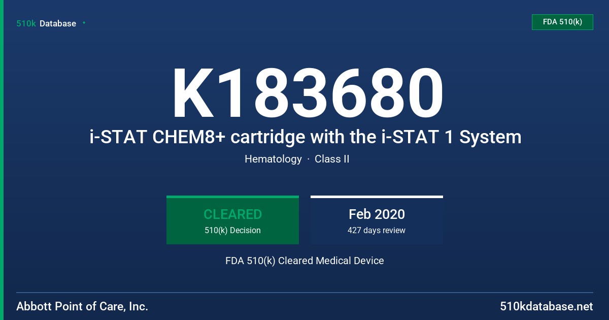 K183680 i-STAT CHEM8+ cartridge with the i-STAT 1 System FDA 510(k) Cleared Medical Device