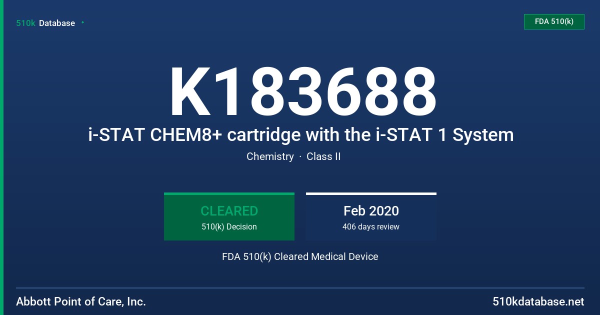 K183688 i-STAT CHEM8+ cartridge with the i-STAT 1 System FDA 510(k) Cleared Medical Device