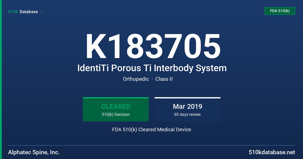 K183705 IdentiTi Porous Ti Interbody System FDA 510(k) Cleared Medical Device
