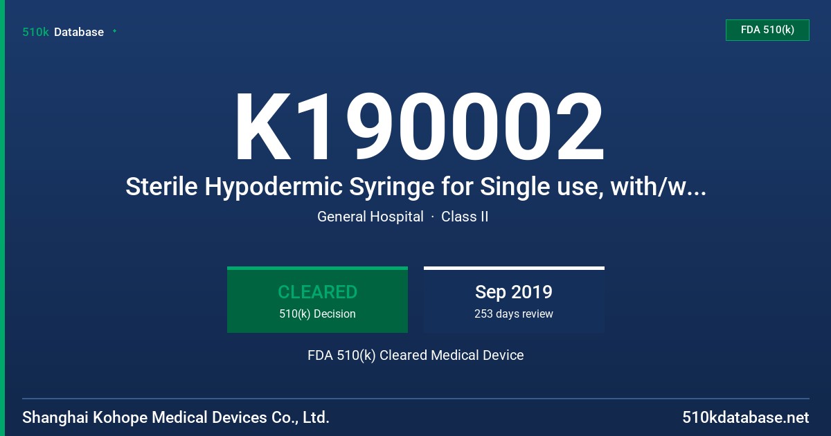 K190002 Sterile Hypodermic Syringe for Single use, with/without needle, Sterile Insulin Syringe for Single use, with needle, Sterile Hypodermic needle for Single use FDA 510(k) Cleared Medical Device