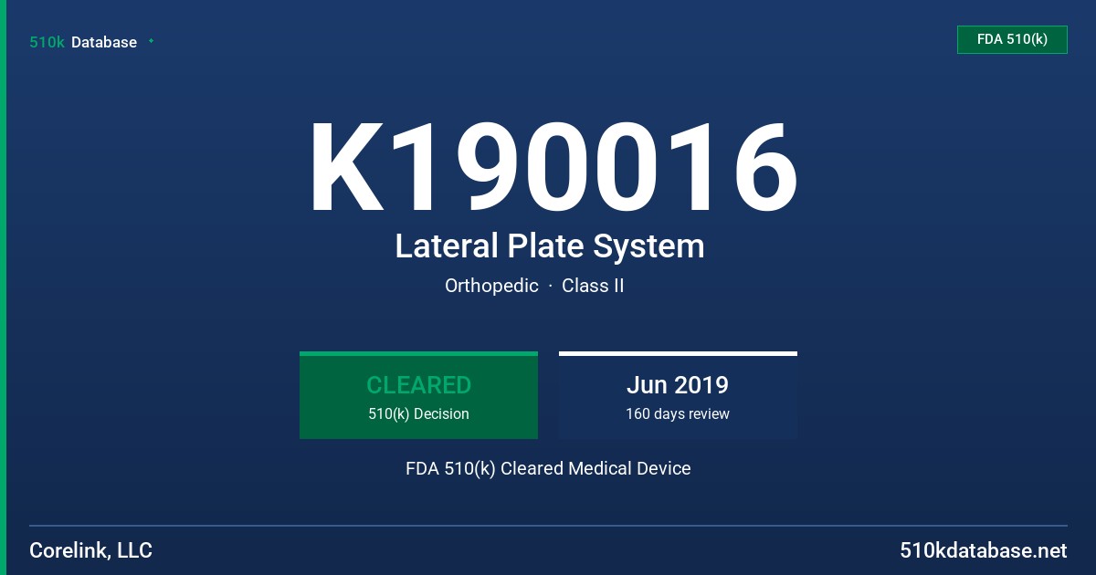 K190016 Lateral Plate System FDA 510(k) Cleared Medical Device