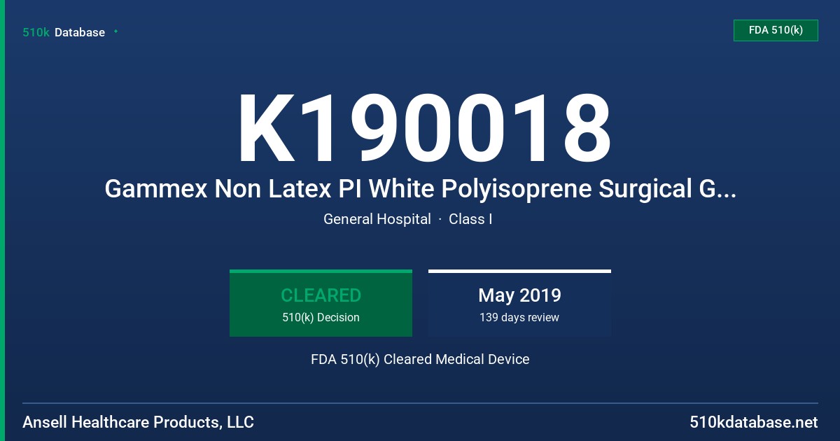 K190018 Gammex Non Latex PI White Polyisoprene Surgical Gloves Tested for Use with Chemotherapy Drugs FDA 510(k) Cleared Medical Device