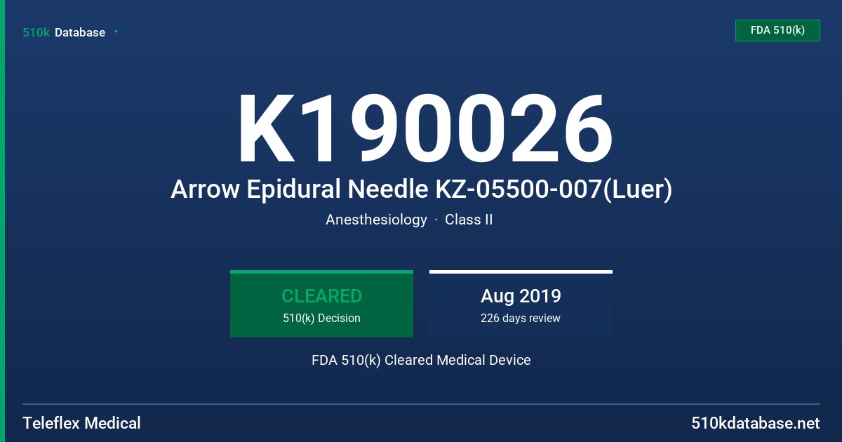 K190026 Arrow Epidural Needle KZ-05500-007(Luer) FDA 510(k) Cleared Medical Device