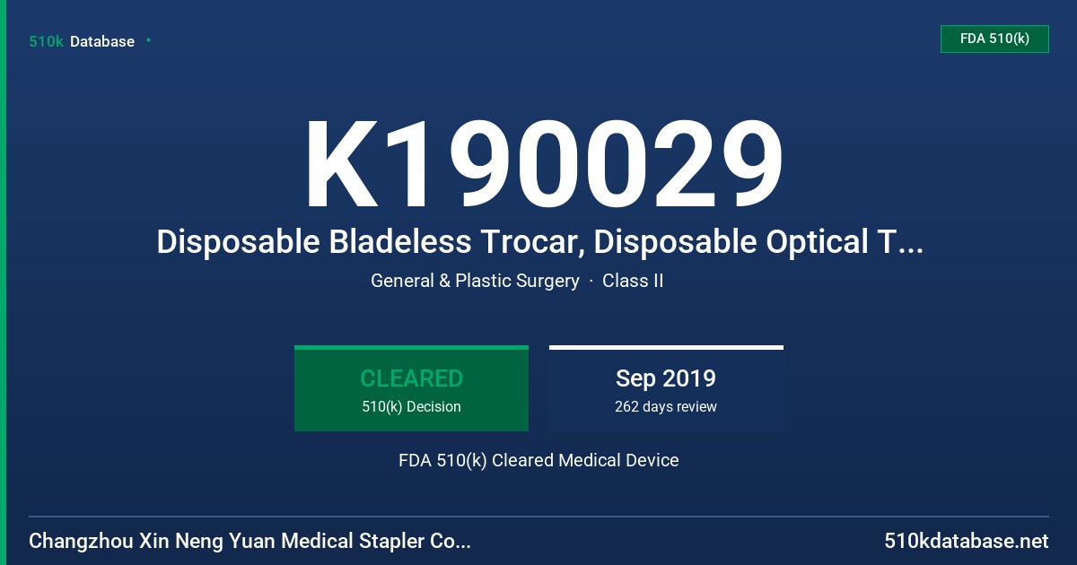 K190029 Disposable Bladeless Trocar, Disposable Optical Trocar, Disposable Blunt-Tip Trocar, Disposable Spiral Trocar, Disposable Bladed Trocar FDA 510(k) Cleared Medical Device