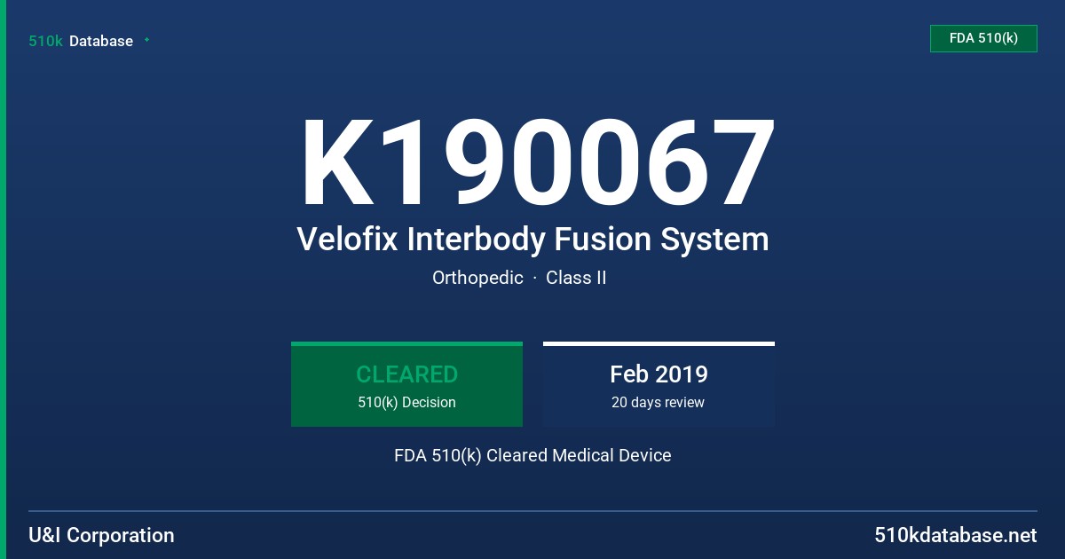K190067 Velofix Interbody Fusion System FDA 510(k) Cleared Medical Device