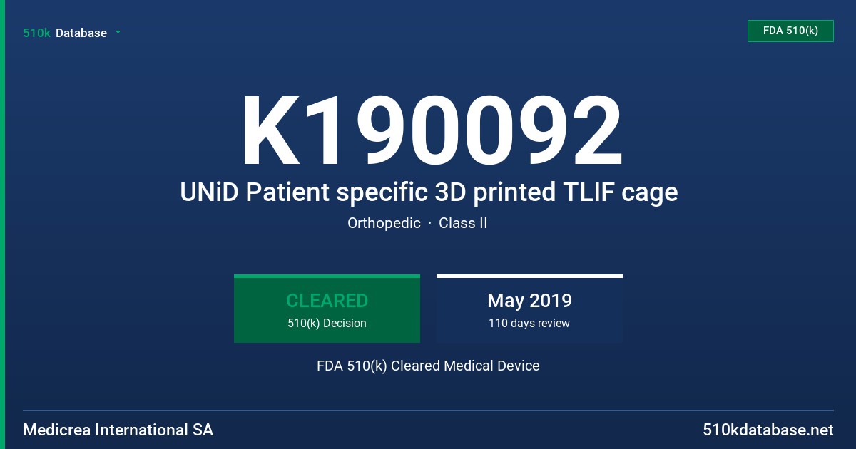 K190092 UNiD Patient specific 3D printed TLIF cage FDA 510(k) Cleared Medical Device