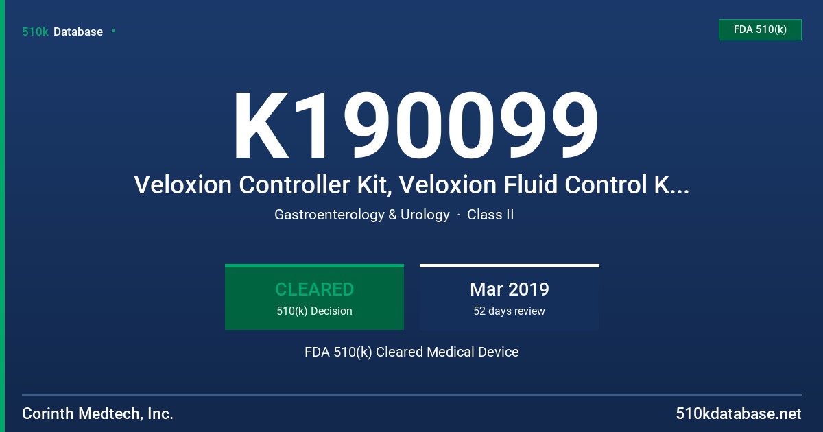 K190099 Veloxion Controller Kit, Veloxion Fluid Control Kit, Veloxion Resectoscope, Veloxion Video Control Unit, Veloxion Roll Stand, Waste Management Tubing, Tissue Catch FDA 510(k) Cleared Medical Device