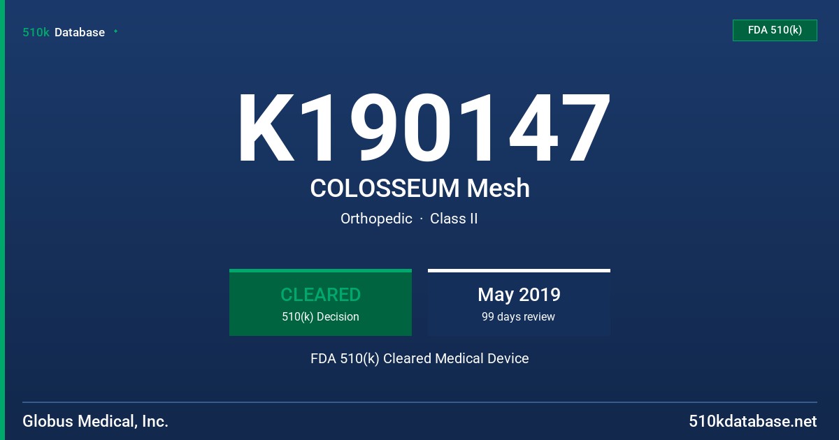 K190147 COLOSSEUM Mesh FDA 510(k) Cleared Medical Device