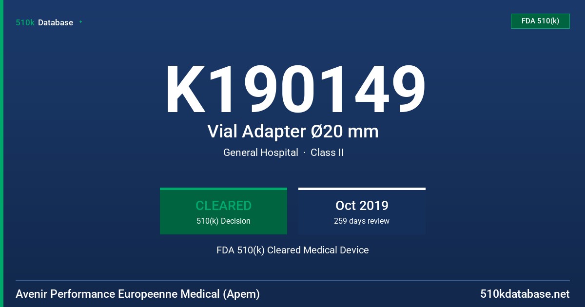 K190149 Vial Adapter Ø20 mm FDA 510(k) Cleared Medical Device