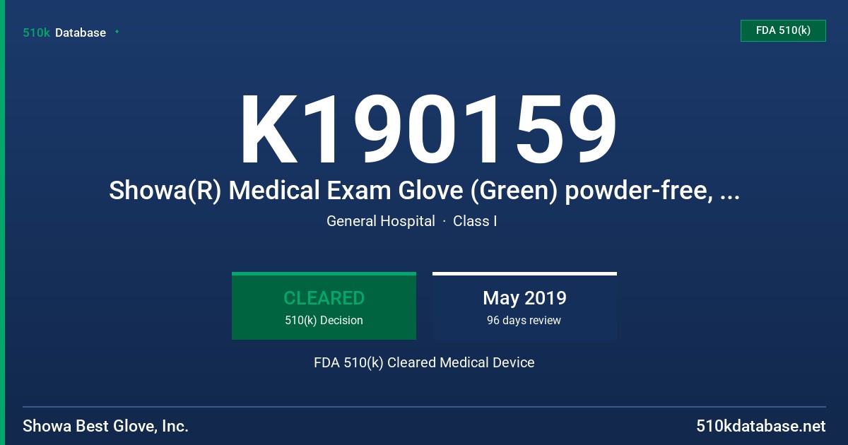 K190159 Showa(R) Medical Exam Glove (Green) powder-free, disposable nitrile glove FDA 510(k) Cleared Medical Device
