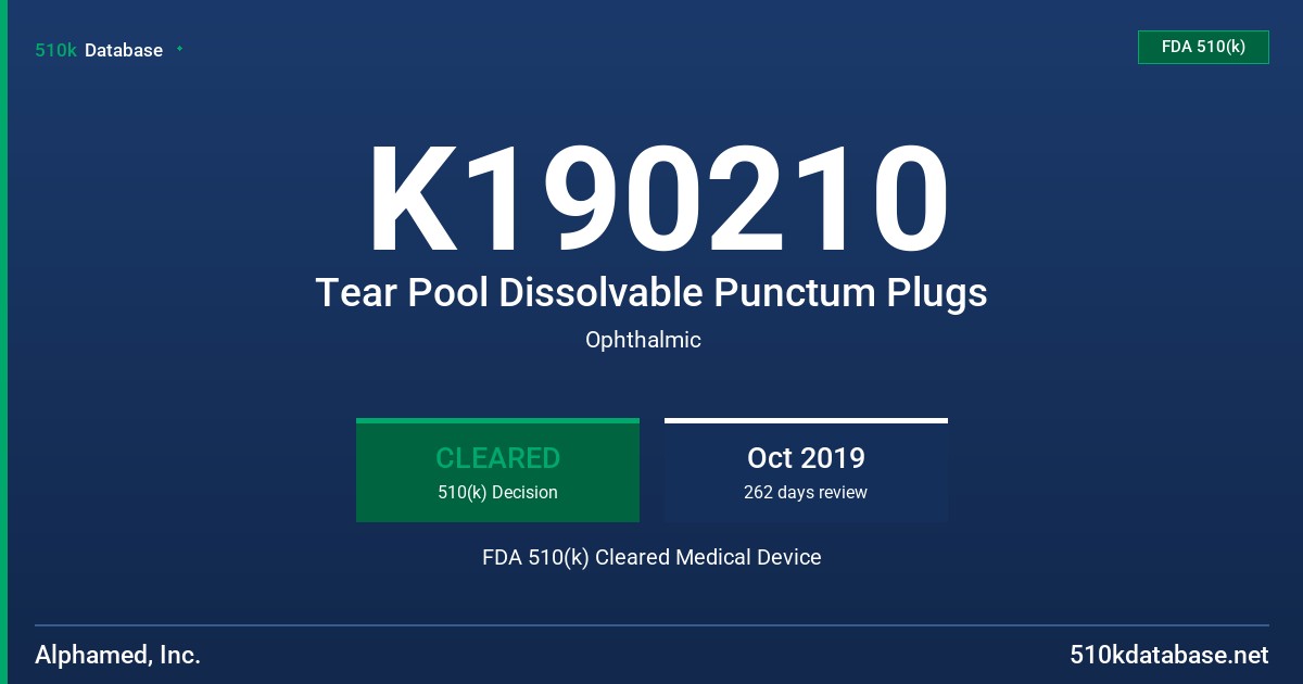K190210 Tear Pool Dissolvable Punctum Plugs FDA 510(k) Cleared Medical Device