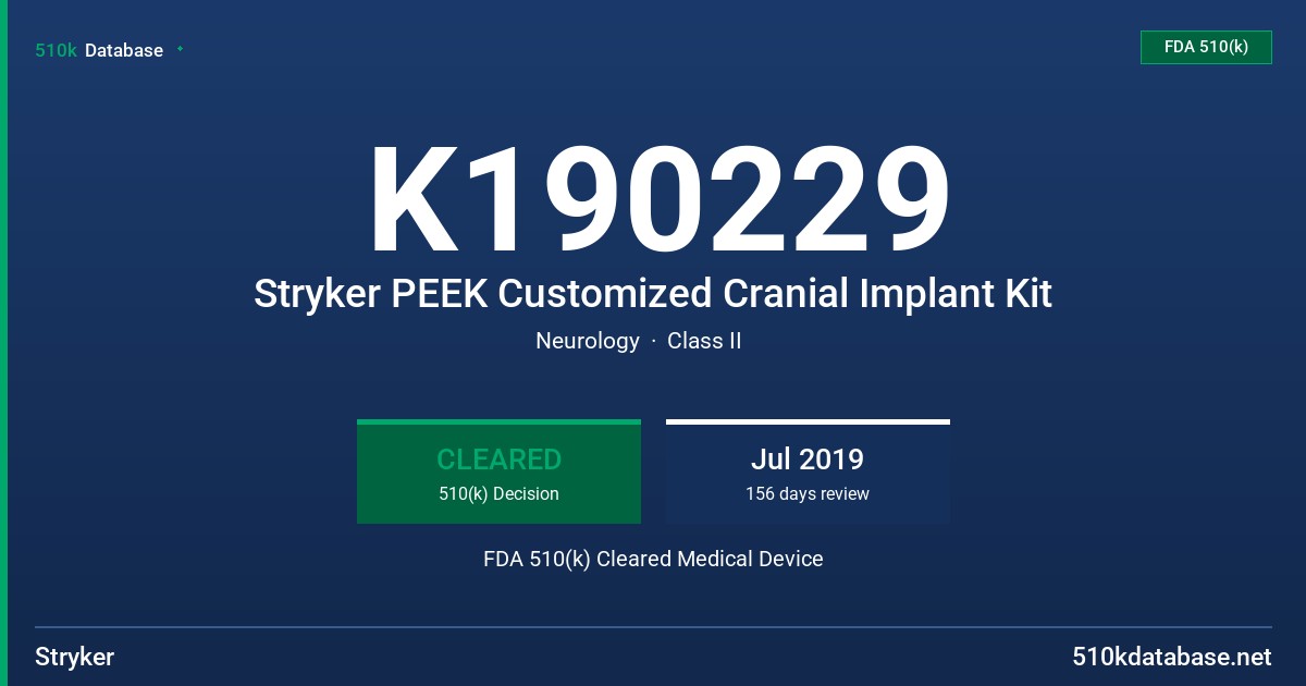 K190229 Stryker PEEK Customized Cranial Implant Kit FDA 510(k) Cleared Medical Device
