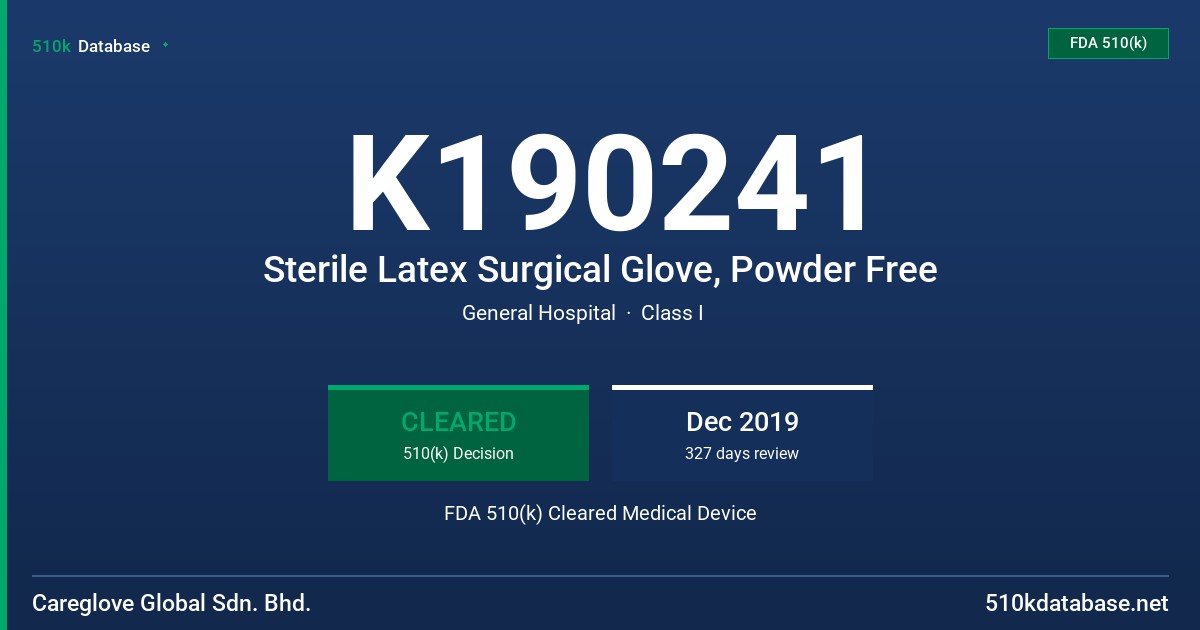 K190241 Sterile Latex Surgical Glove, Powder Free FDA 510(k) Cleared Medical Device