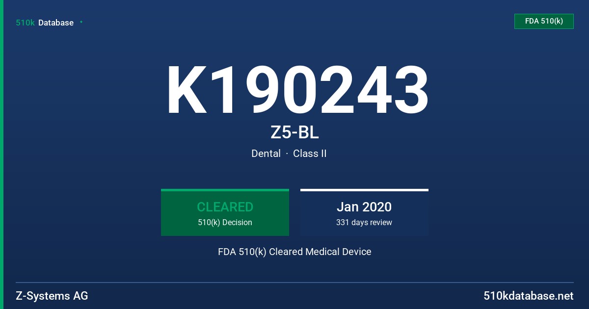 K190243 Z5-BL FDA 510(k) Cleared Medical Device