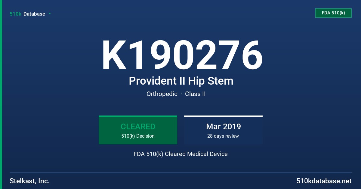 K190276 Provident II Hip Stem FDA 510(k) Cleared Medical Device