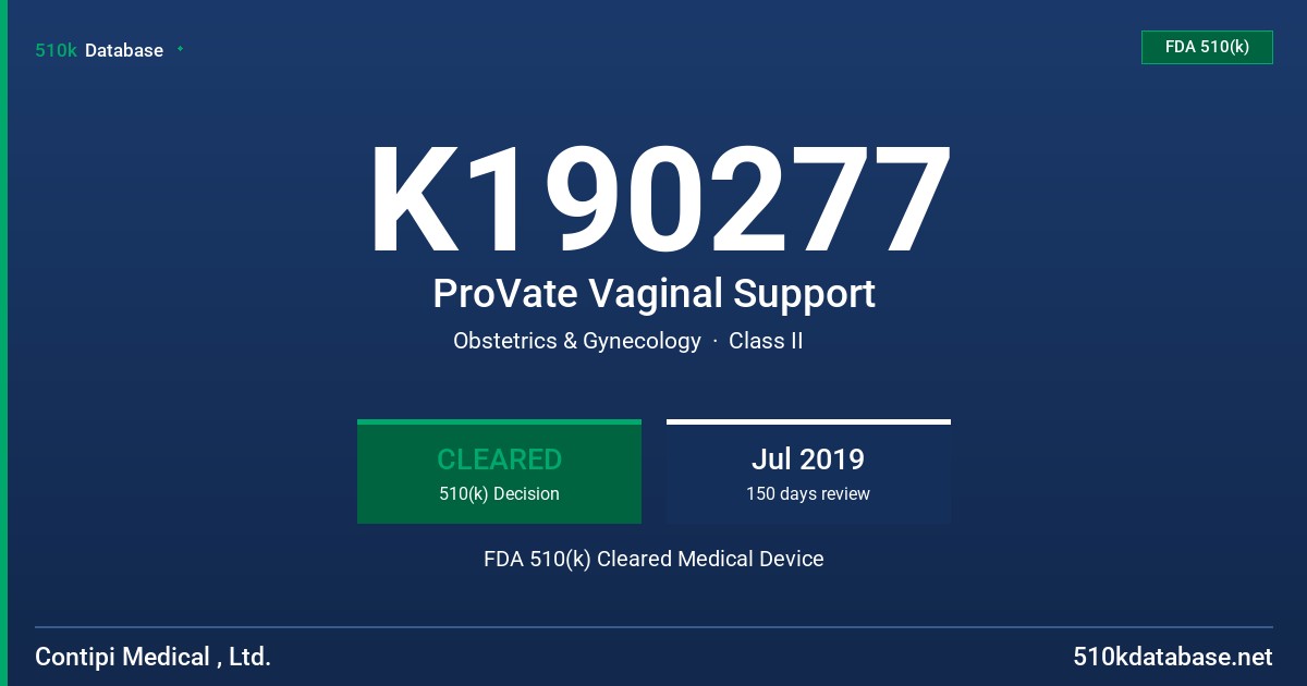 K190277 ProVate Vaginal Support FDA 510(k) Cleared Medical Device