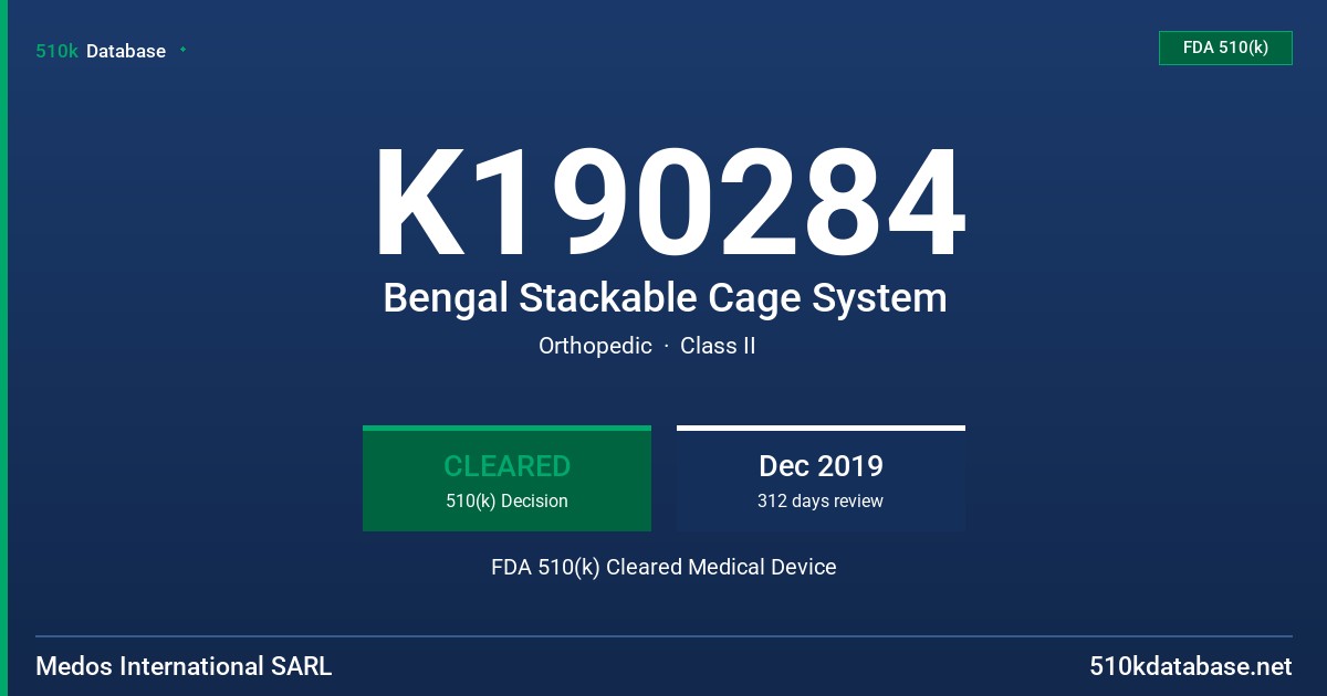 K190284 Bengal Stackable Cage System FDA 510(k) Cleared Medical Device