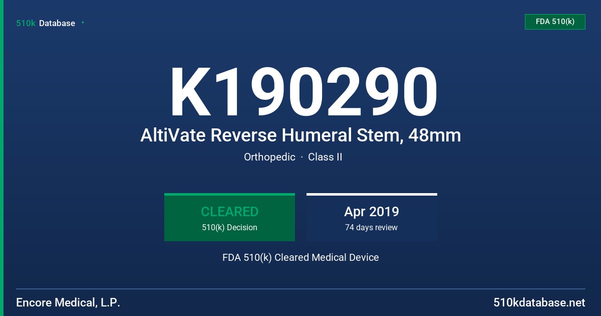 K190290 AltiVate Reverse Humeral Stem, 48mm FDA 510(k) Cleared Medical Device