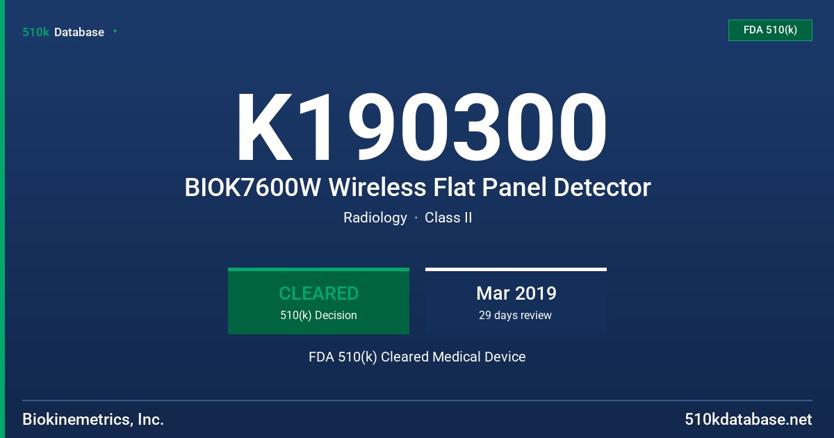K190300 BIOK7600W Wireless Flat Panel Detector FDA 510(k) Cleared Medical Device