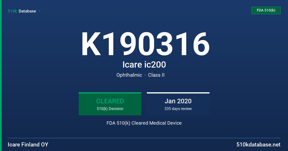 K190316 Icare ic200 FDA 510(k) Cleared Medical Device