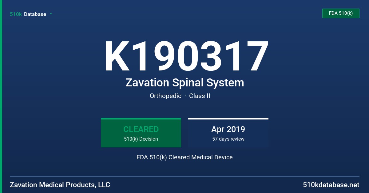 K190317 Zavation Spinal System FDA 510(k) Cleared Medical Device