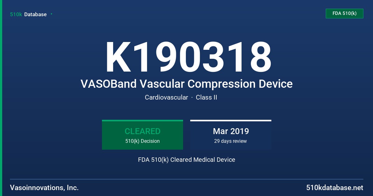 K190318 VASOBand Vascular Compression Device FDA 510(k) Cleared Medical Device