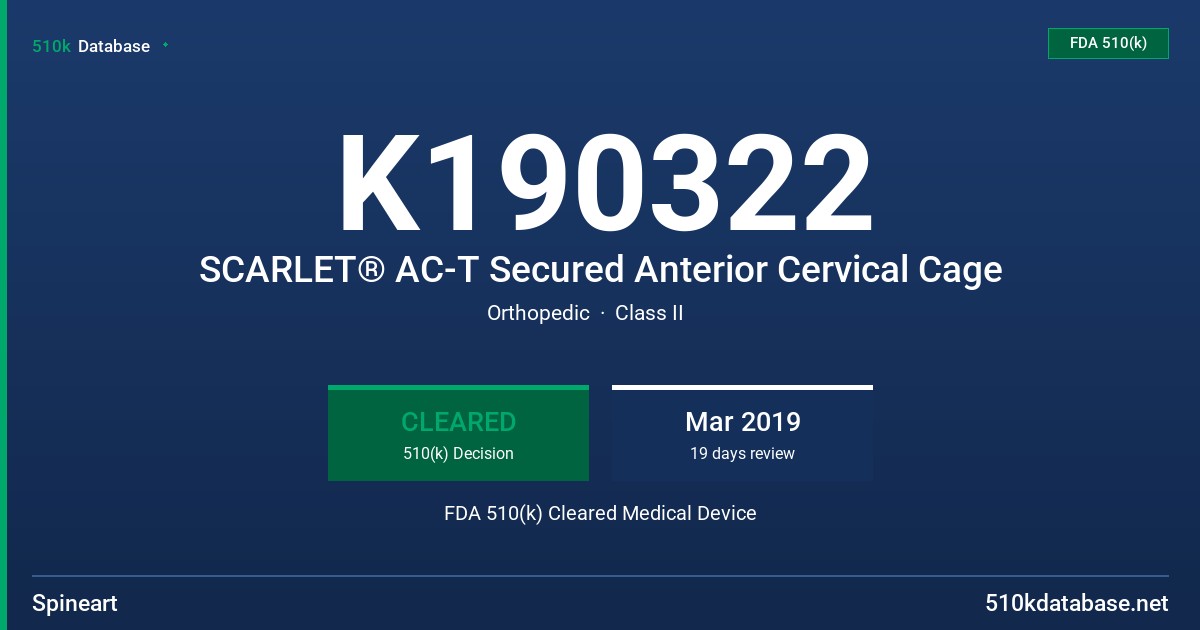 K190322 SCARLET® AC-T Secured Anterior Cervical Cage FDA 510(k) Cleared Medical Device