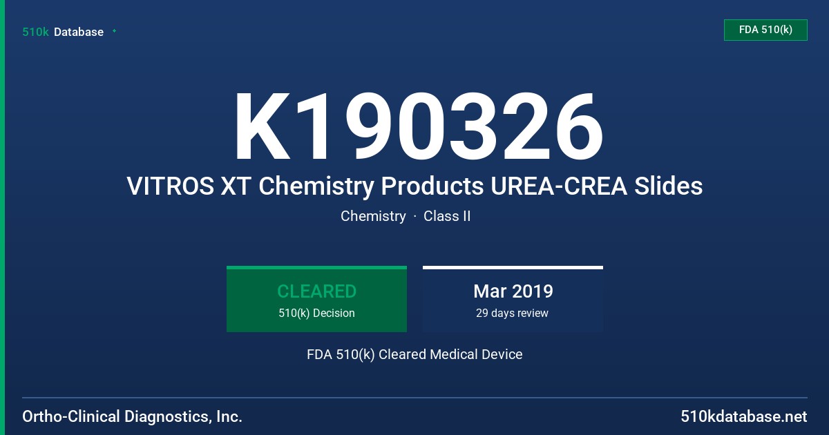 K190326 VITROS XT Chemistry Products UREA-CREA Slides FDA 510(k) Cleared Medical Device