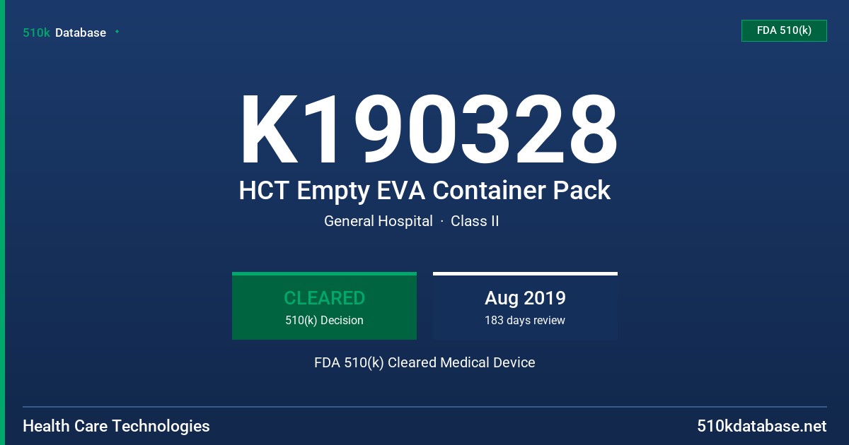 K190328 HCT Empty EVA Container Pack FDA 510(k) Cleared Medical Device