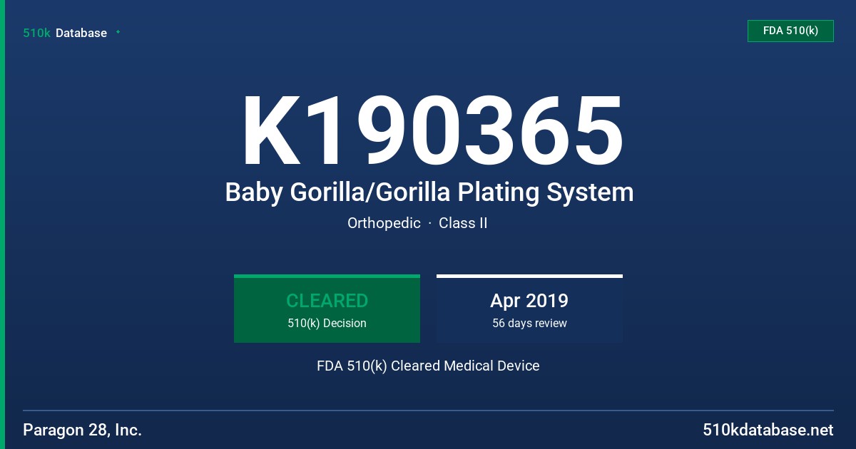 K190365 Baby Gorilla/Gorilla Plating System FDA 510(k) Cleared Medical Device