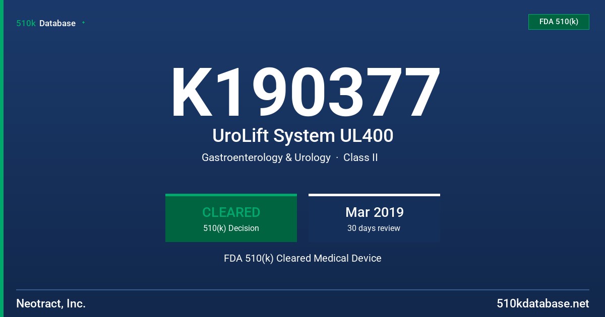 K190377 UroLift System UL400 FDA 510(k) Cleared Medical Device
