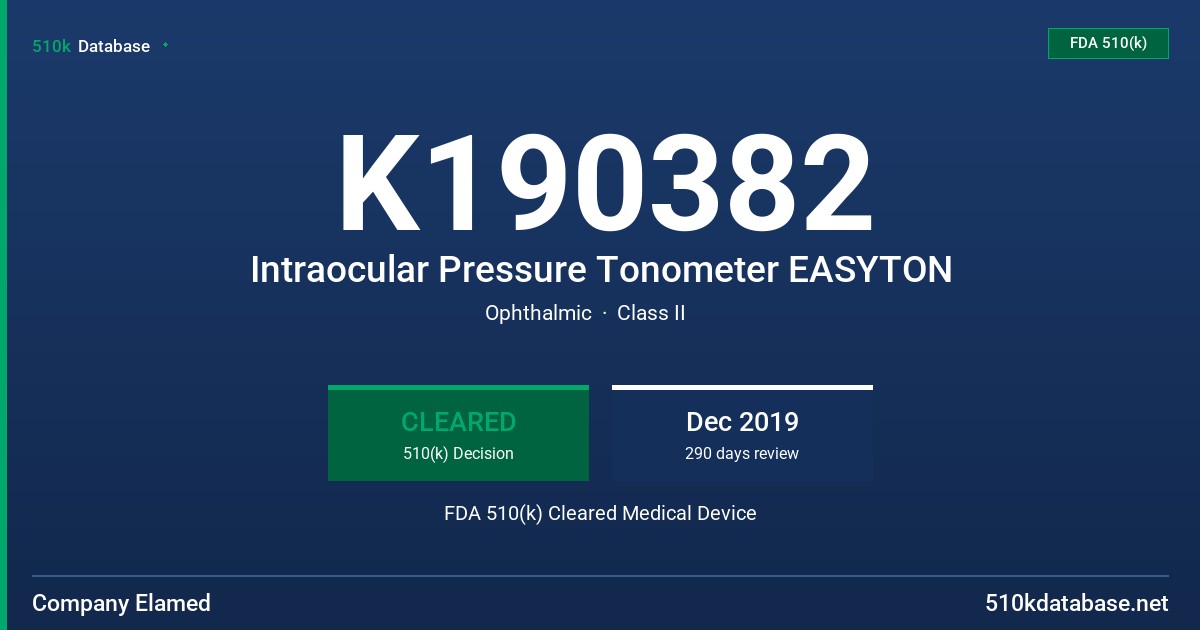 K190382 Intraocular Pressure Tonometer EASYTON FDA 510(k) Cleared Medical Device