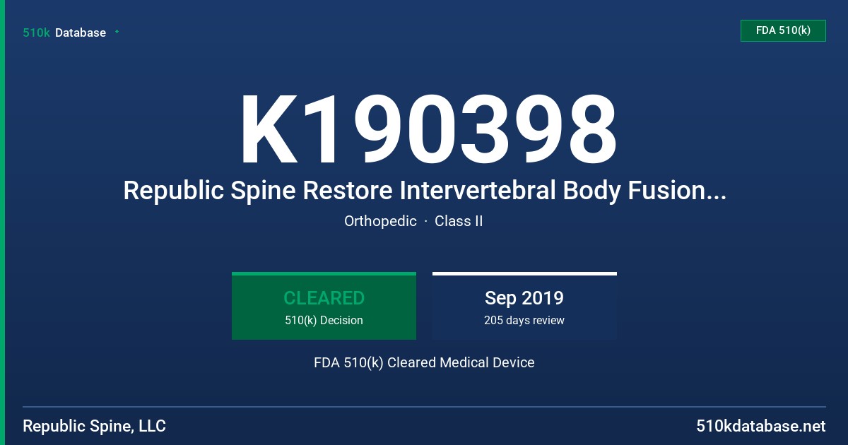 K190398 Republic Spine Restore Intervertebral Body Fusion System FDA 510(k) Cleared Medical Device