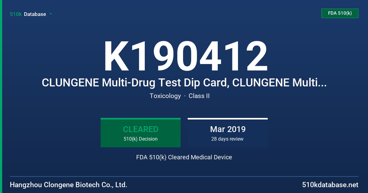 K190412 CLUNGENE Multi-Drug Test Dip Card, CLUNGENE Multi-Drug Test Easy Cup FDA 510(k) Cleared Medical Device