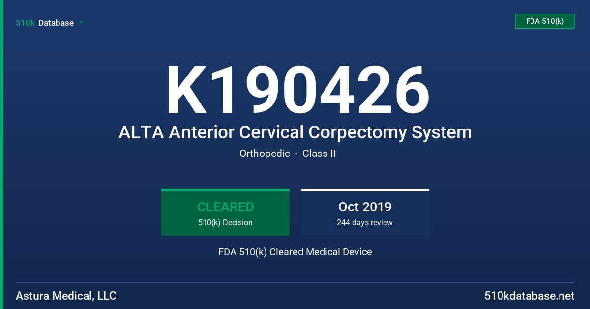 K190426 ALTA Anterior Cervical Corpectomy System FDA 510(k) Cleared Medical Device