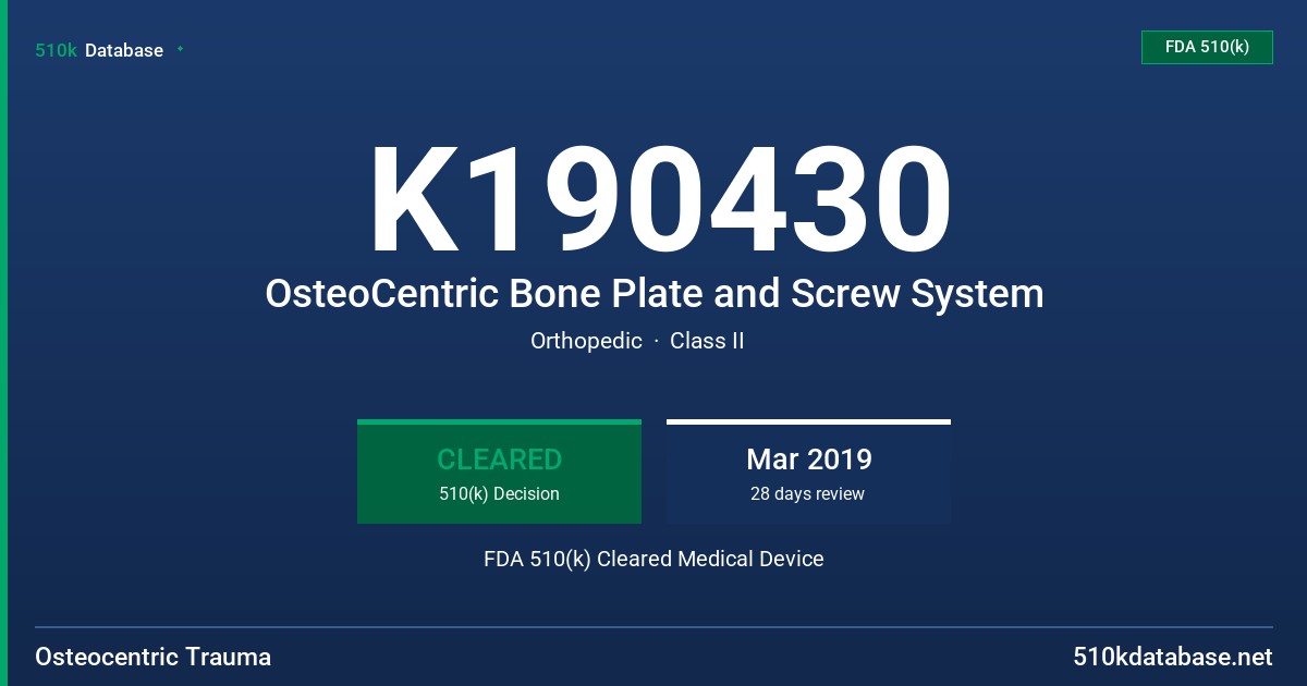 K190430 OsteoCentric Bone Plate and Screw System FDA 510(k) Cleared Medical Device