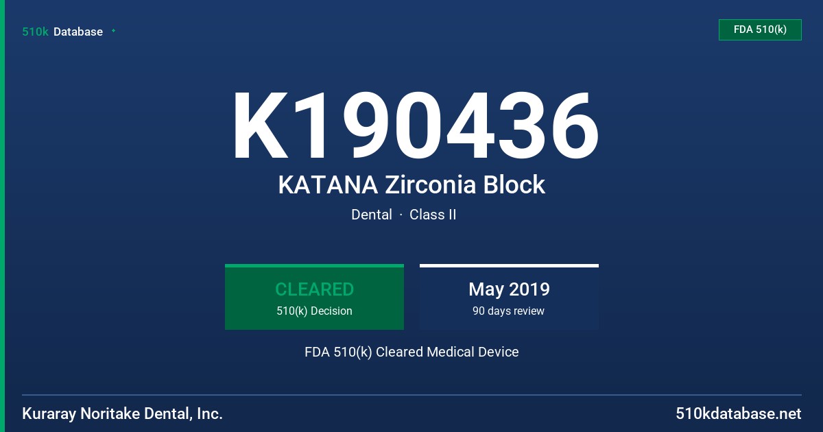K190436 KATANA Zirconia Block FDA 510(k) Cleared Medical Device