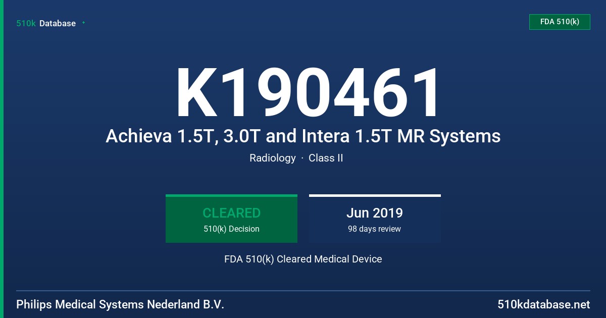 K190461 Achieva 1.5T, 3.0T and Intera 1.5T MR Systems FDA 510(k) Cleared Medical Device