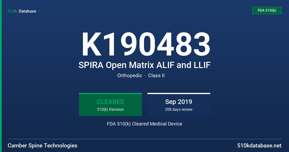 K190483 SPIRA Open Matrix ALIF and LLIF FDA 510(k) Cleared Medical Device
