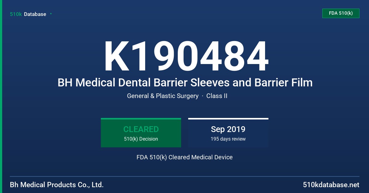 K190484 BH Medical Dental Barrier Sleeves and Barrier Film FDA 510(k) Cleared Medical Device