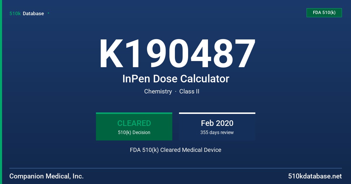 K190487 InPen Dose Calculator FDA 510(k) Cleared Medical Device