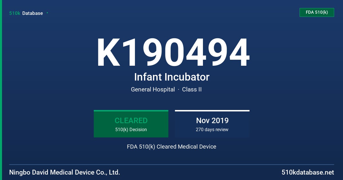 K190494 Infant Incubator FDA 510(k) Cleared Medical Device
