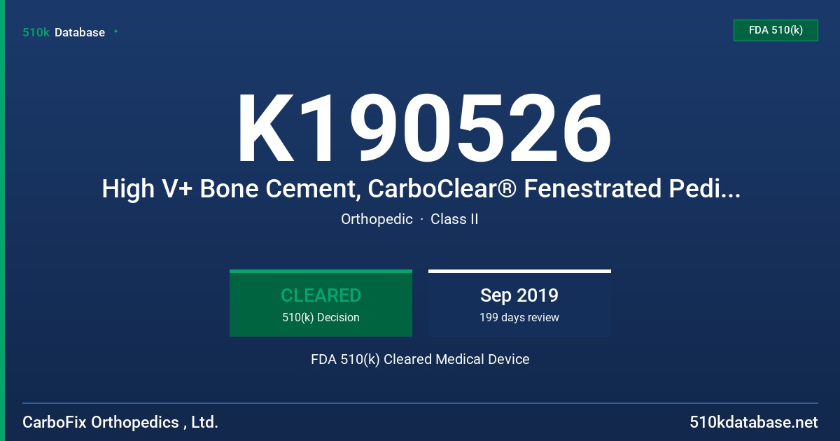 K190526 High V+ Bone Cement, CarboClear® Fenestrated Pedicle Screws FDA 510(k) Cleared Medical Device