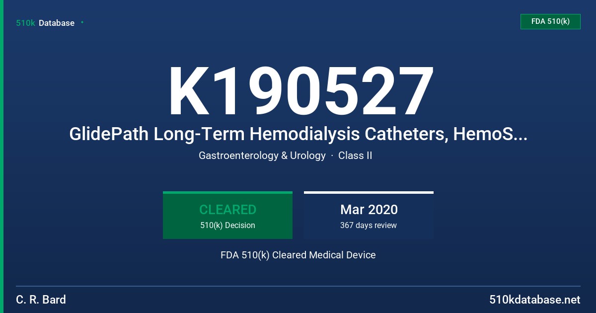 K190527 GlidePath Long-Term Hemodialysis Catheters, HemoStar Long-Term Hemodialysis Catheters, HemoStar XK Long-Term Hemodialysis Catheters FDA 510(k) Cleared Medical Device