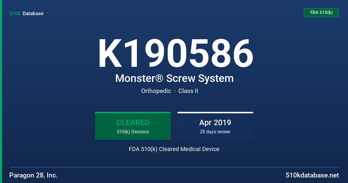 K190586 Monster® Screw System FDA 510(k) Cleared Medical Device