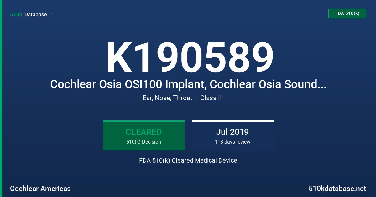 K190589 Cochlear Osia OSI100 Implant, Cochlear Osia Sound Processor, Osia Intraoperative Test Software, Osia Fitting Software, Cochlear Osia Surgical Instruments FDA 510(k) Cleared Medical Device