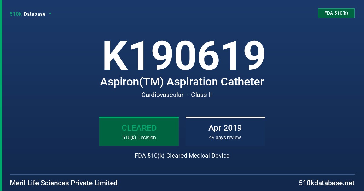 K190619 Aspiron(TM) Aspiration Catheter FDA 510(k) Cleared Medical Device